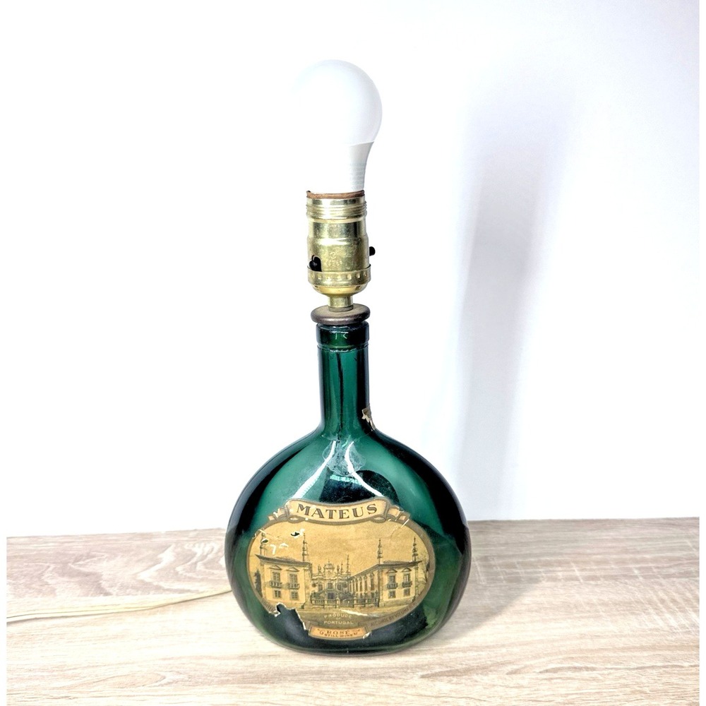 Vintage Mateus Rose Wine Bottle Table Lamp Green Glass Portugal Label Works - Picture 1 of 5